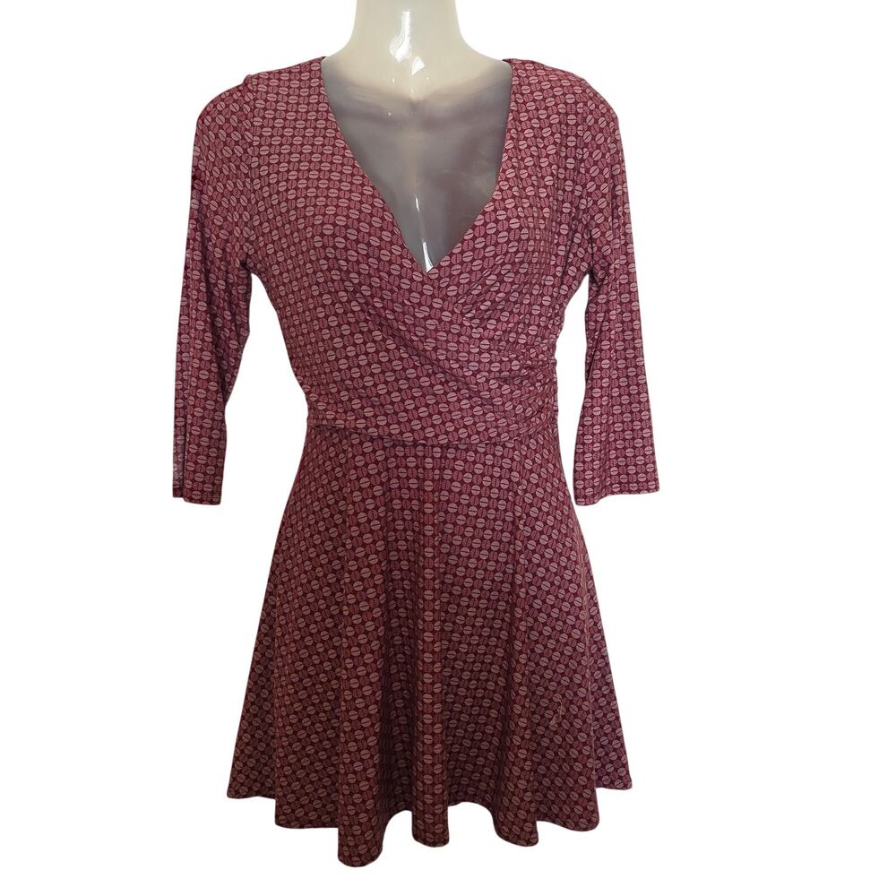 Gilli Red All Over Print 3/4 Sleeves V-Neck Fit & Flare Mini Dress Size Medium